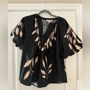 Philosophy Black Blouse with Cream Leaf Pattern